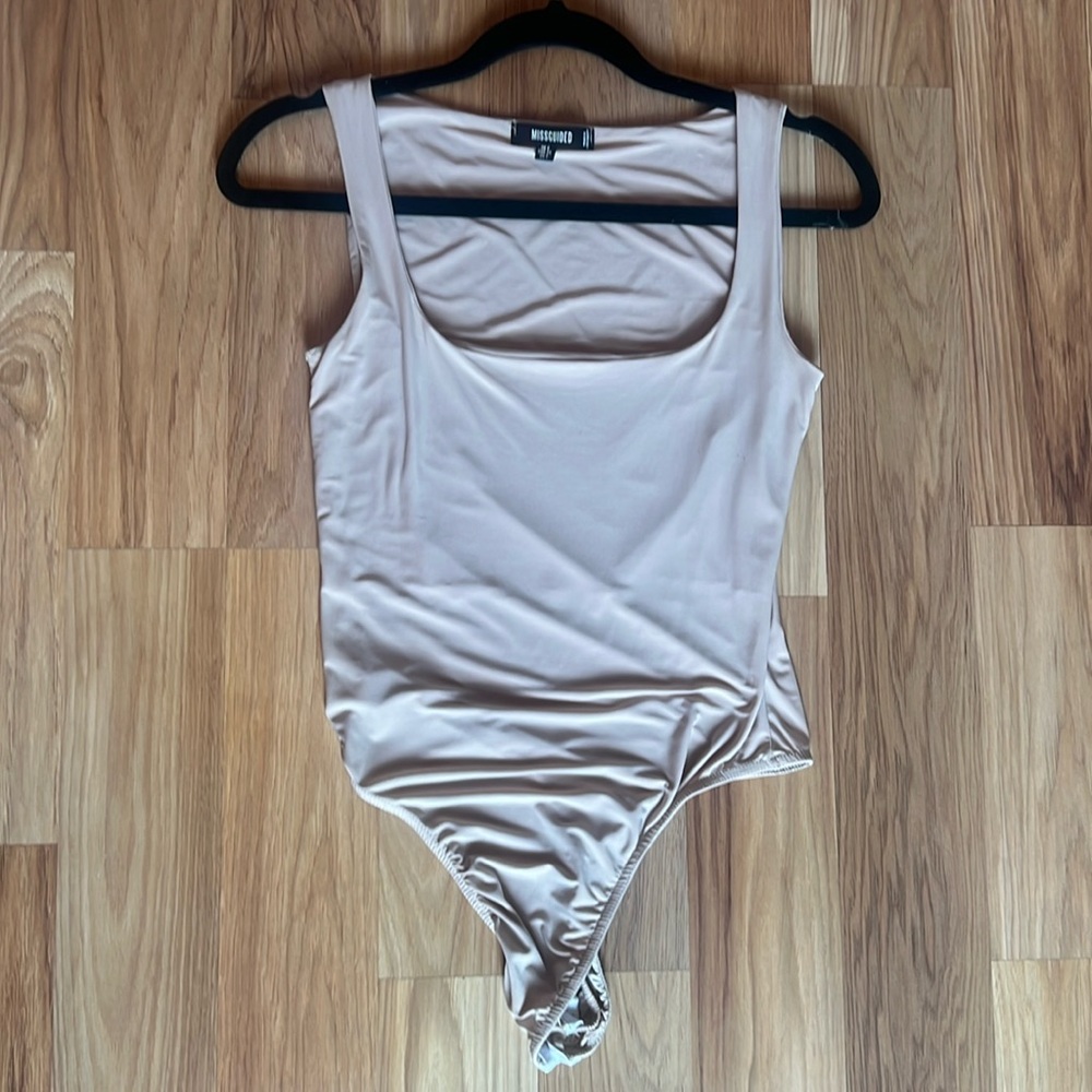 Tan Tank Top Bodysuit. Scoop neck.